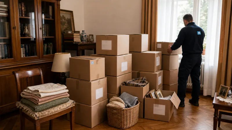Mitarbeiter verpackt Hausrat bei einer Haushaltsauflösung in einer Berliner Wohnung