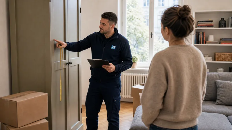 Mitarbeiter erfasst bei der kostenlosen Besichtigung die Wohnung mit dem Tablet