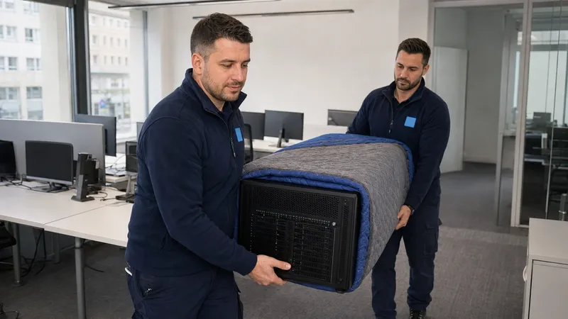 Zwei Umzugshelfer tragen einen in Decken gewickelten Serverschrank aus einem Berliner Büro