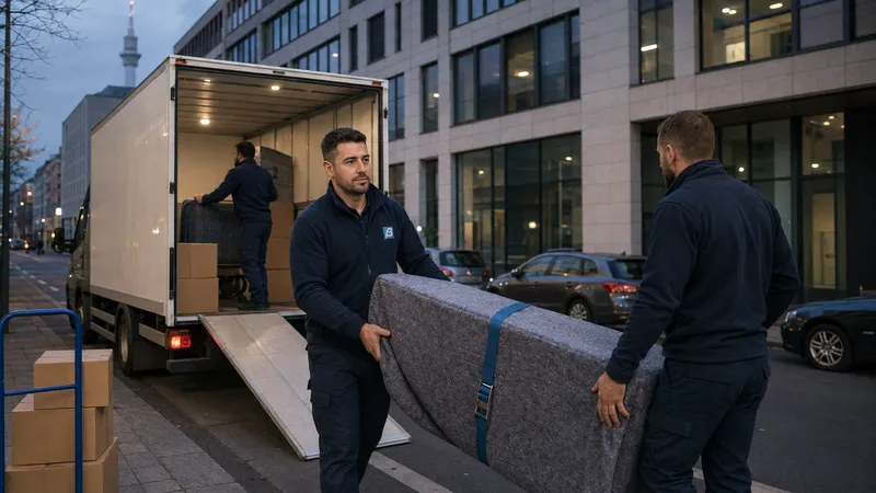 Umzugsteam belädt am Abend einen LKW vor einem Berliner Bürogebäude, im Hintergrund der Fernsehturm