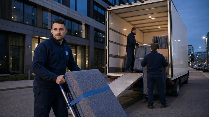 Umzugsteam belädt in der Dämmerung einen LKW vor einem Bürogebäude in Berlin
