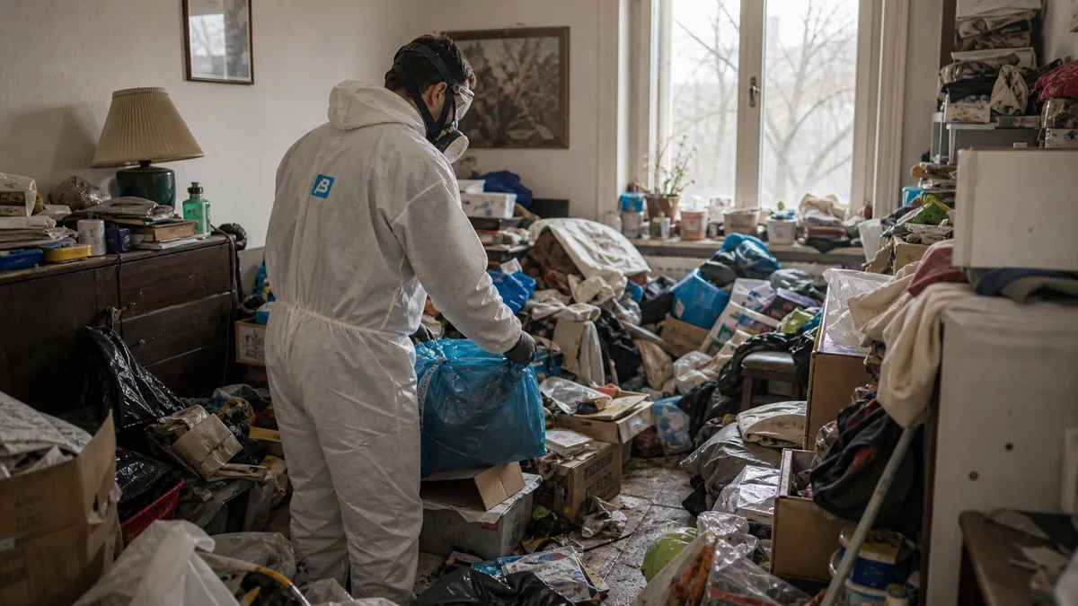 Diskrete Entrümpelung einer Messie-Wohnung in Berlin mit Schutzausrüstung
