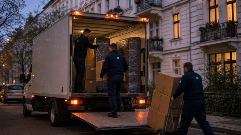 Umzugsteam lädt früh morgens einen LKW vor einem Berliner Wohnhaus für einen Expressumzug
