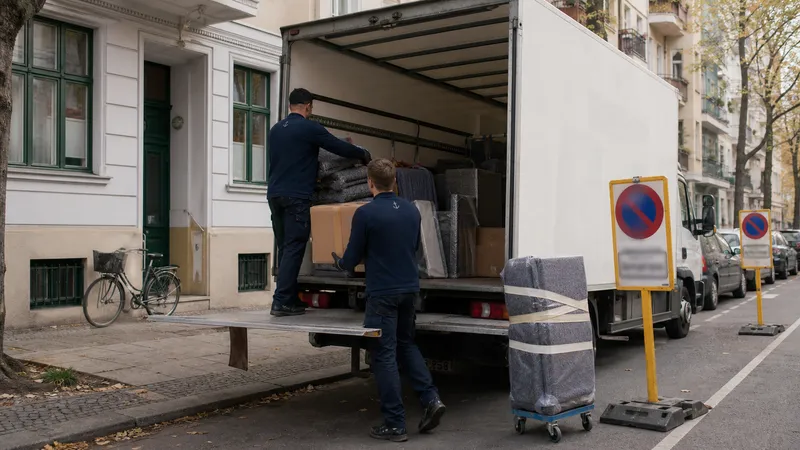 Umzugswagen an einer Berliner Straße neben aufgestellten Halteverbotsschildern
