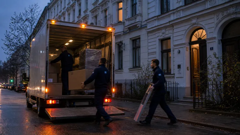Umzugsteam belädt am Abend einen LKW vor einem Berliner Altbau