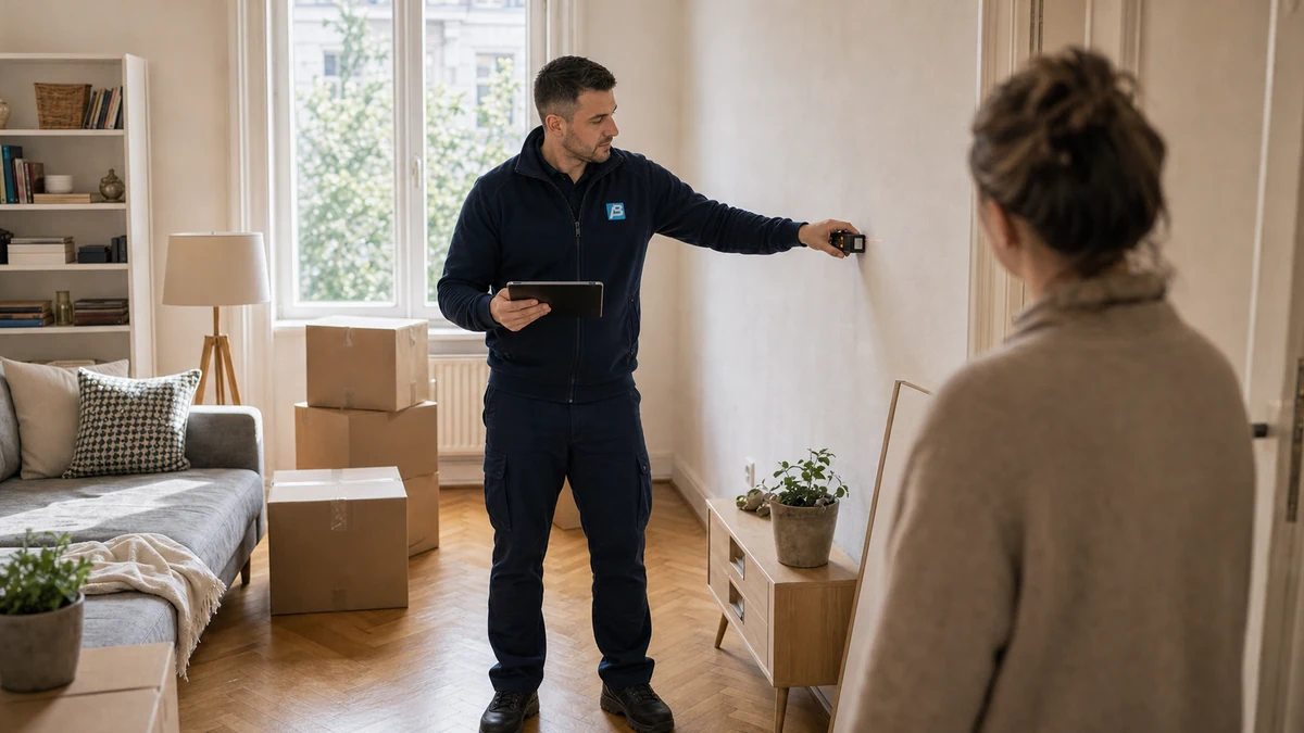 Anker Umzüge nimmt bei der kostenlosen Besichtigung das Aufmaß in einer Berliner Wohnung