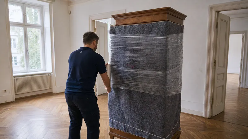 Umzugshelfer bewegt einen vollständig in Decken verpackten Schrank durch eine leere Altbauwohnung