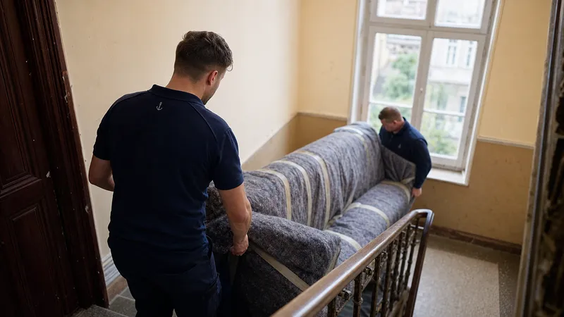 Zwei Umzugshelfer tragen ein Sofa über ein Berliner Altbau-Treppenhaus