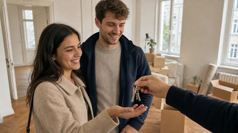 Young international couple receiving apartment keys after moving to Berlin