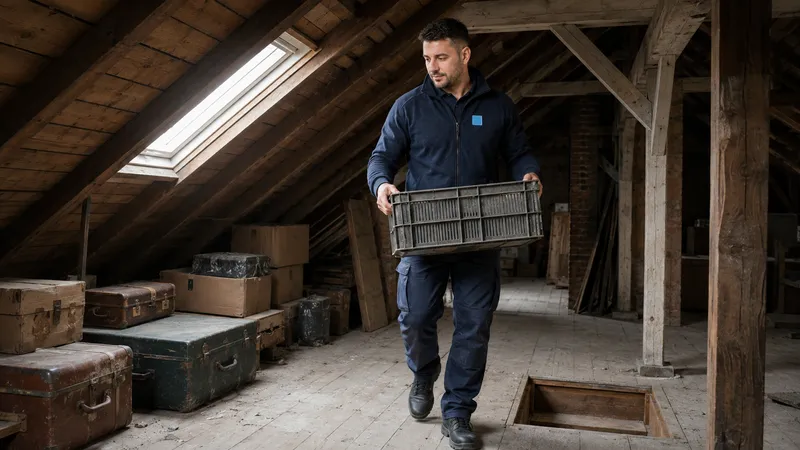 Mitarbeiter trägt eine Kiste über einen Dachboden mit alten Koffern und Truhen