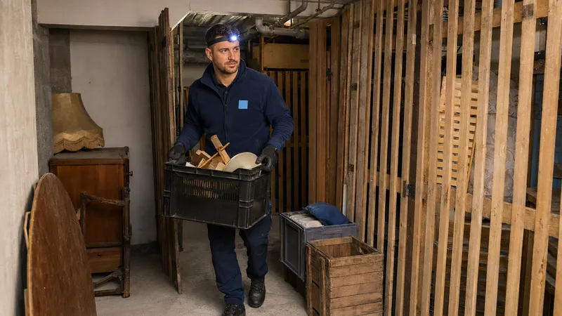 Mitarbeiter mit Stirnlampe räumt einen vollgestellten Berliner Kellerverschlag aus
