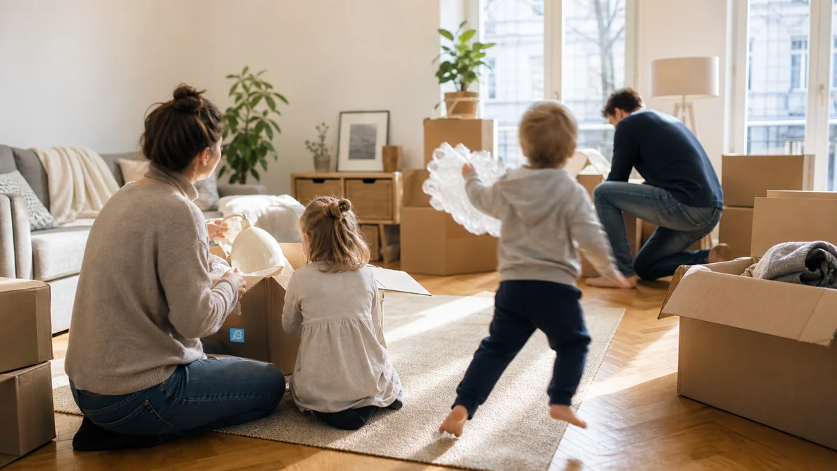 Familie packt beim Umzug in Berlin gemeinsam Kartons aus