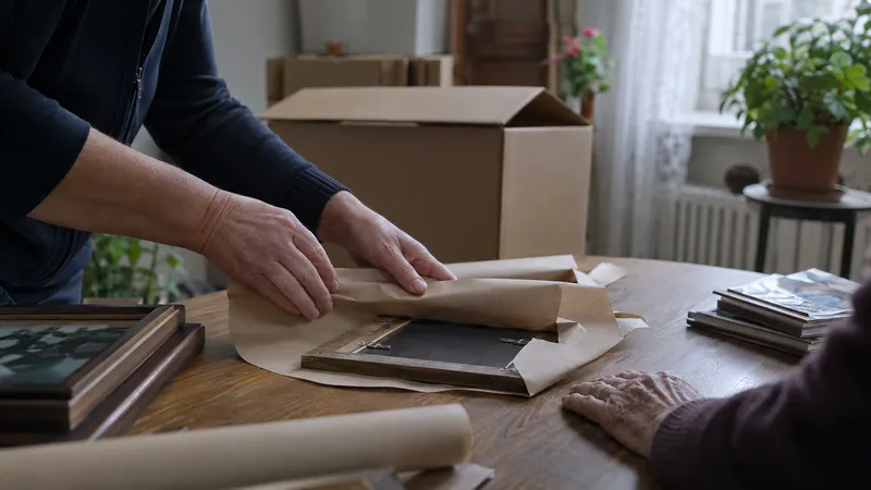 Hände wickeln gerahmte Familienfotos sorgfältig in Packpapier ein