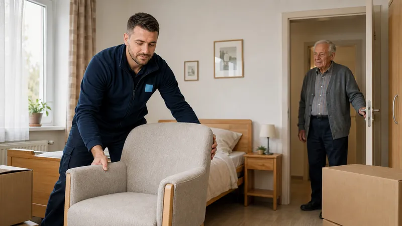 Umzugshelfer stellt einen vertrauten Sessel in ein helles Zimmer im Pflegeheim