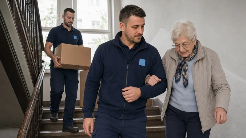 Umzugshelfer stützt eine Seniorin im Treppenhaus, ein Kollege trägt einen Umzugskarton