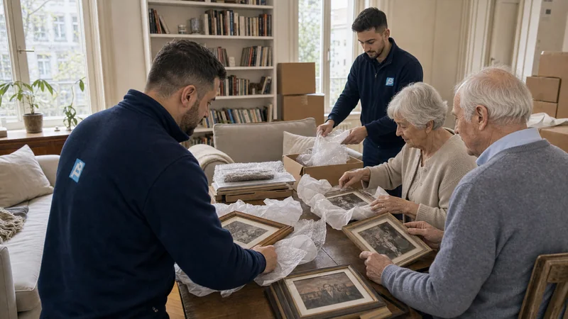Umzugsteam hilft einem Seniorenehepaar beim Verpacken von Familienfotos in einer Berliner Altbauwohnung