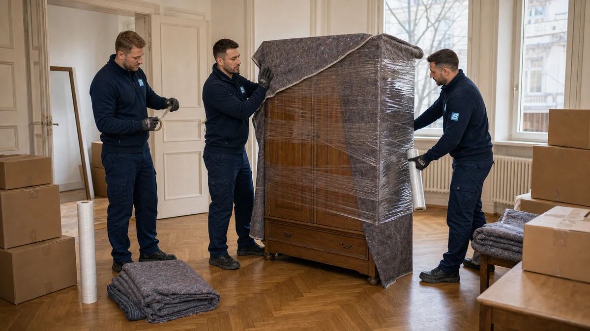 Team von Anker Umzüge verpackt einen Schrank fachgerecht in Decken und Folie