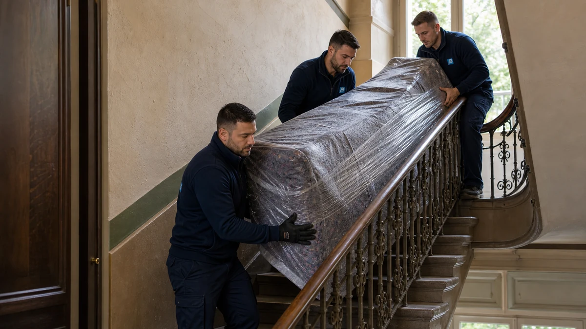 Anker-Umzüge-Team trägt ein eingepacktes Sofa durch ein Berliner Altbau-Treppenhaus