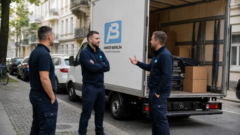 Umzugsteam von Anker Umzüge bespricht den Ablauf vor dem Umzugswagen in einer Berliner Altbaustraße